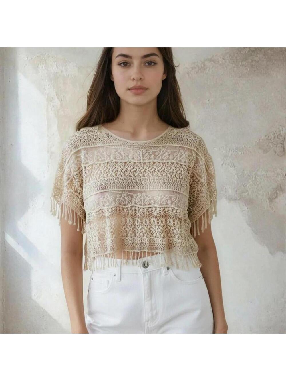 Women's Cream and Tan Crop-top
